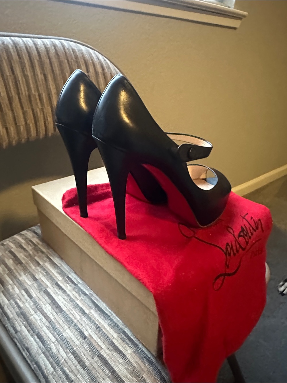 Christian Louboutin Black Leather Peep-Toe Mary Jane Pumps - Picture 3 of 5